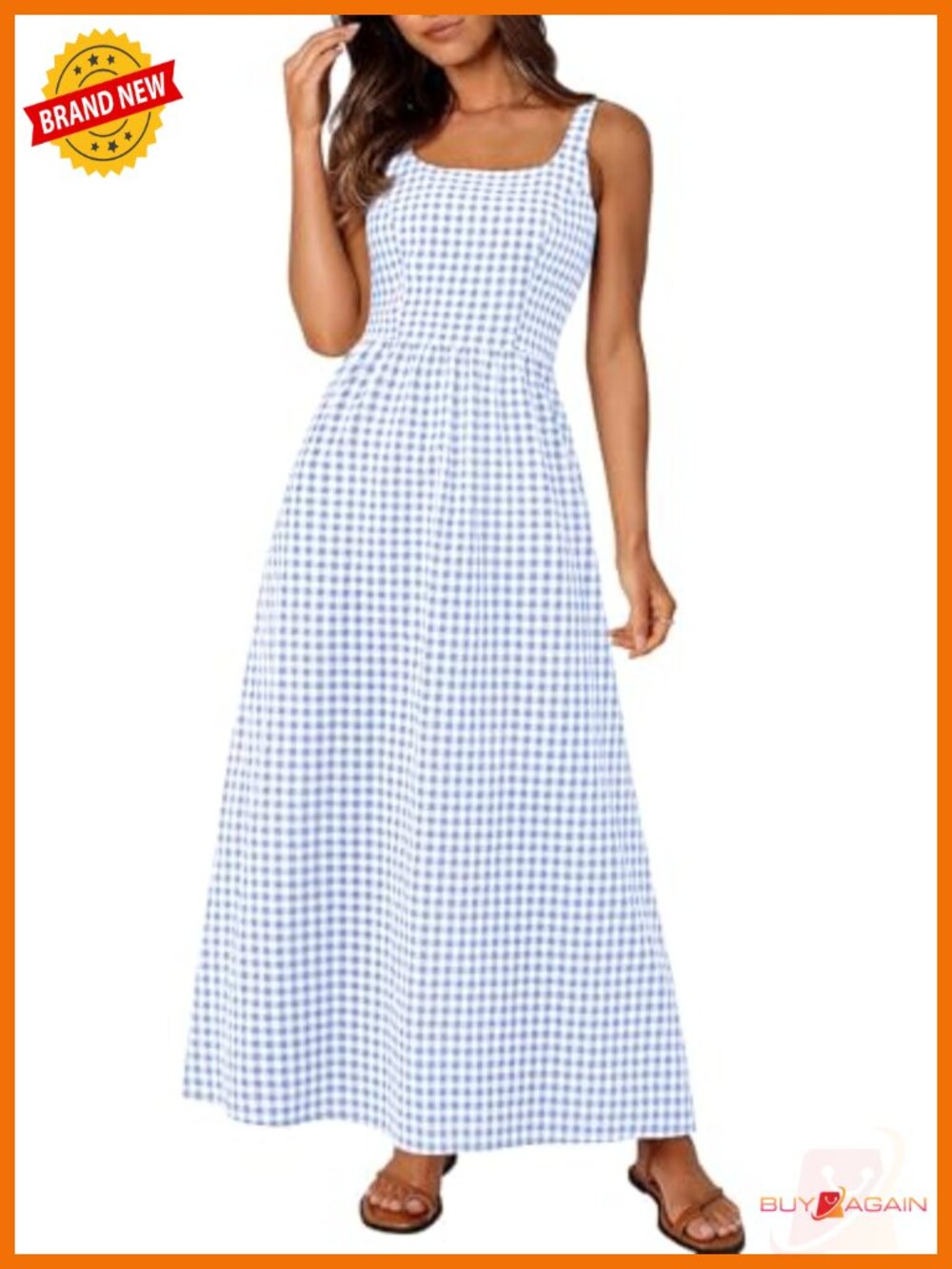 Summer Maxi Dress A-Line Sleeveless Square Neck Smocked Plaid Casual Beach